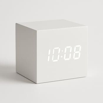 Compact matte white alarm clock on a wooden nightstand