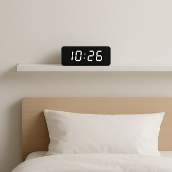Slim digital alarm clock tucked on a narrow shelf above a bed