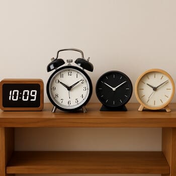 Wooden shelf with several alarm clocks in different designs and colors