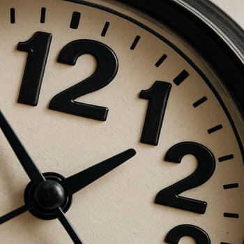 Close-up of analog wall clock numerals with slim minute hand