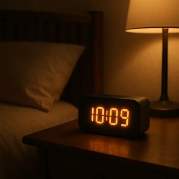 Bedroom at night with alarm clock casting a soft golden glow