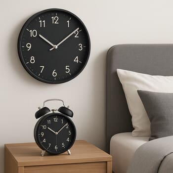Bedroom with a large wall clock and a matching small alarm on the nightstand