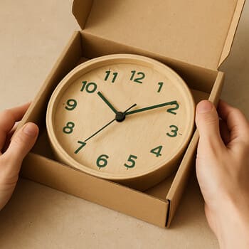 Clock packed inside a recycled cardboard box with paper padding