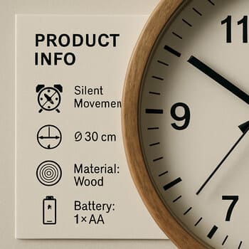 Close-up of a product card for a clock showing small icons for sound, room and light