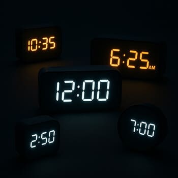 Row of slim digital clocks glowing softly in a dark room