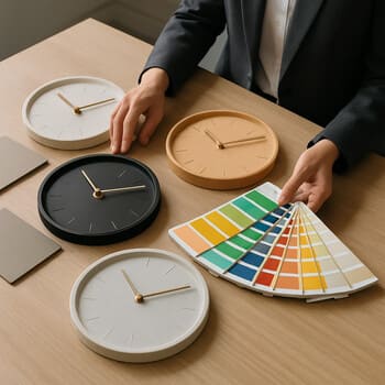 Designer comparing different clock samples laid out on a table