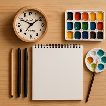 Creative desk with sketchbooks, pencils and a colourful clock
