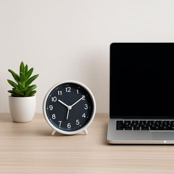 Minimal desk setup with a slim clock next to a laptop