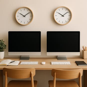 Shared home office desk with two small clocks near each workstation