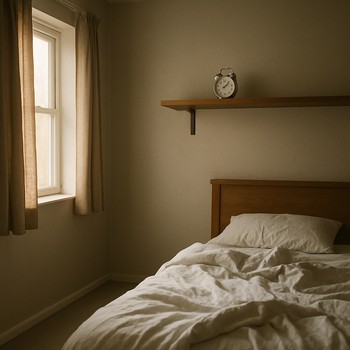 Alarm clock standing on a shelf across the room from the bed