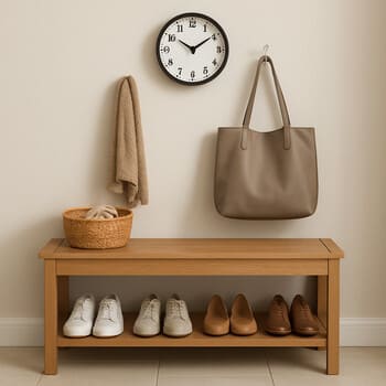 Small wall clock mounted above a simple shoe bench