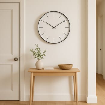 Slim wall clock in a narrow hallway above a console table