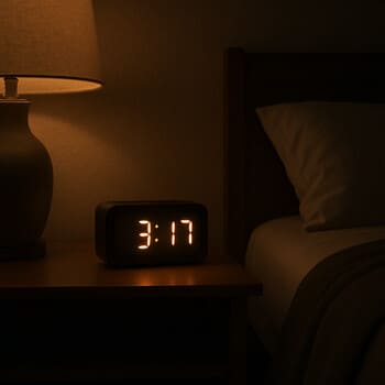 Bedside digital clock with soft glowing digits next to a lamp