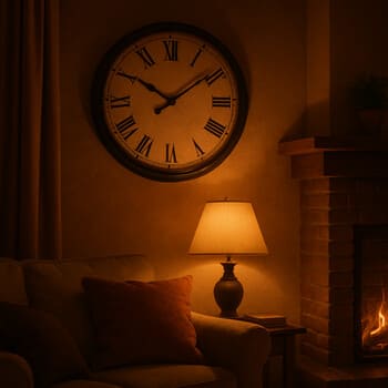 Evening living room with a warm-toned wall clock above a sofa