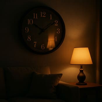 Wall clock reflecting the warm light of a floor lamp in the evening