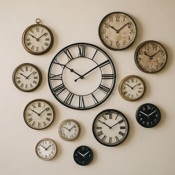 Asymmetrical gallery wall of several clocks above a console