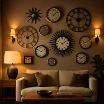 Cluster of different wall clocks forming a gallery above a sofa