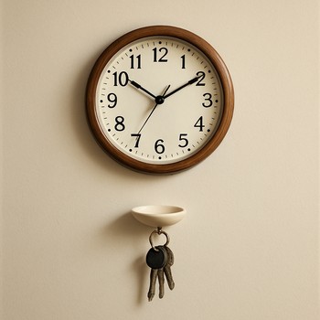 Entryway wall clock above a small tray with keys