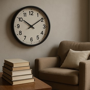 Wall clock above a small stack of books on a low shelf