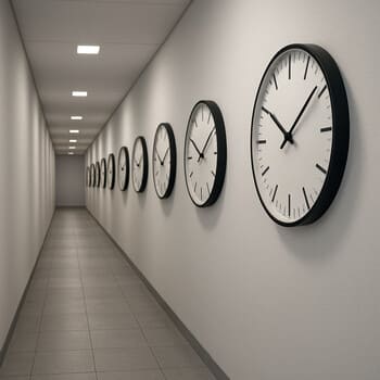 Long hallway with several matching wall clocks along the wall