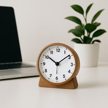 Minimal wall clock above a clean home office desk
