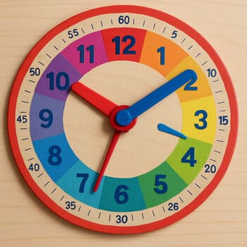 Close-up of a children’s clock with coloured hour segments