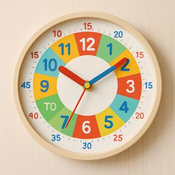 Kids room with a colourful learning clock above a small desk