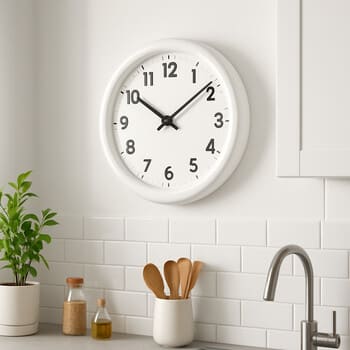 Ceramic wall clock with clear numerals hanging in a bright kitchen