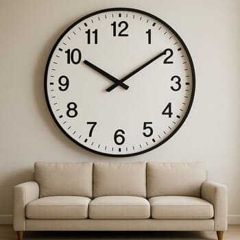 Large wall clock centered above a wide sofa to show scale