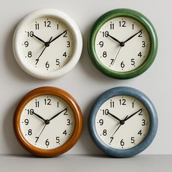 Ceramic-rim wall clocks in muted colors displayed together