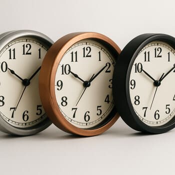 Row of metal-framed wall clocks with slim bezels on a dark wall