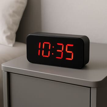 Slim digital alarm clock with soft glow on a nightstand