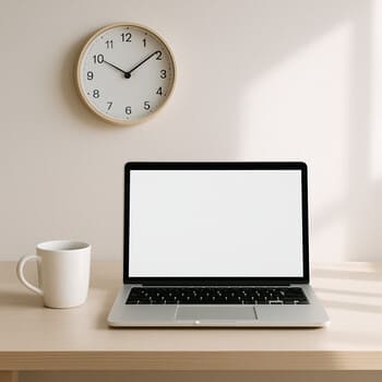 Morning desk with a minimal wall clock above a laptop and mug