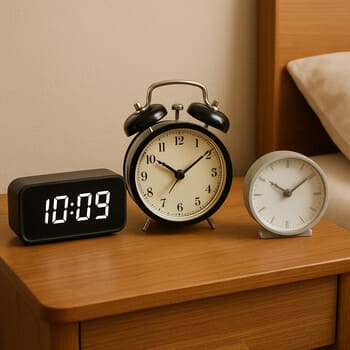 Three different alarm clocks grouped on a nightstand to compare designs