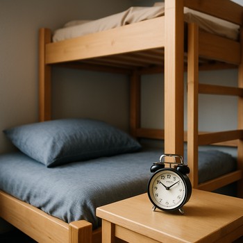 Shared children’s room with a bunk bed and a small alarm clock on a shelf