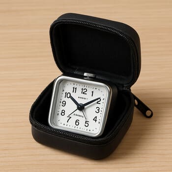 Alarm clock tucked into a travel case among neatly folded clothes