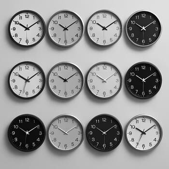 Grid of monochrome wall clocks in black, white and grey