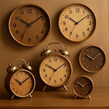 Collage of wall clocks with warm wood and brass details