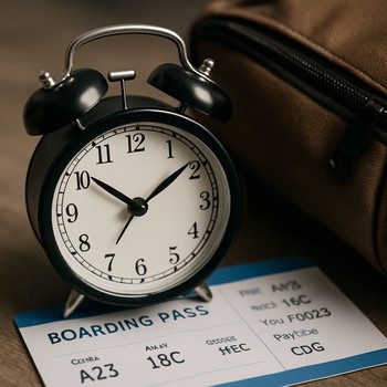 Alarm clock resting on top of a boarding pass near a packed bag