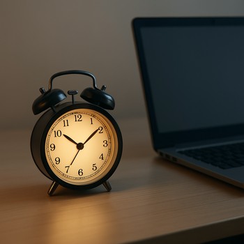 Desk alarm clock glowing gently near an open laptop on a weekday morning