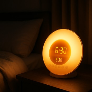 Soft sunrise-style alarm clock casting warm light in a dark bedroom