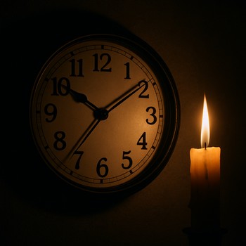 Analog alarm clock glowing faintly during a power cut