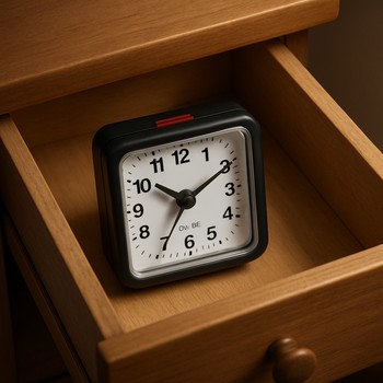 Backup alarm clock resting in an open bedside drawer