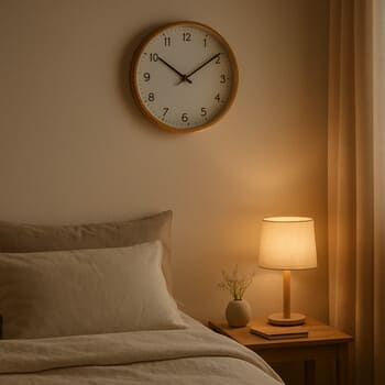 Bedroom with a silent wall clock above a low upholstered headboard