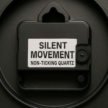 Close-up of a clock back with a label marking silent movement