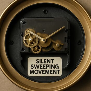 Open-back view of a silent clock movement with exposed gears