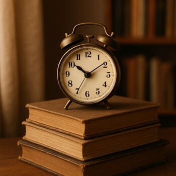 Small alarm clock placed on a stack of books on a bedside table