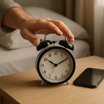 Small cluster of alarm clocks on a bedside table without a phone in sight