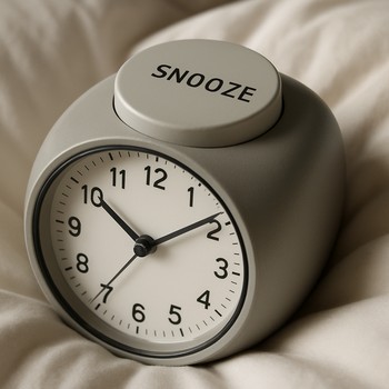 Alarm clock lying near a pillow as a hand reaches to tap snooze