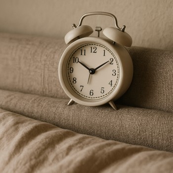 Alarm clock on a soft headboard shelf in a calm bedroom